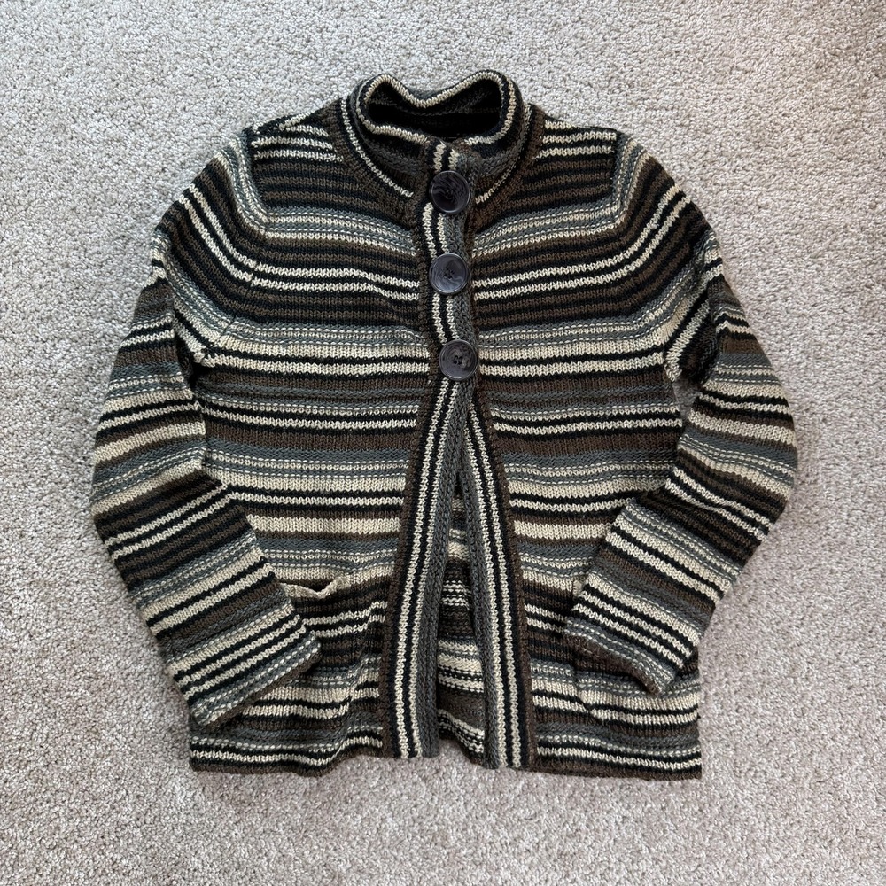 LH Sport Cardigan Sweater Womens Small Brown Striped Mock Neck Button Knit